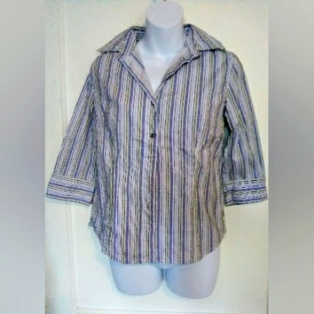 HANNAH STRETCH LADIES BLUE AND YELLOW STRIPED BUTTON-DOWN BLOUSE